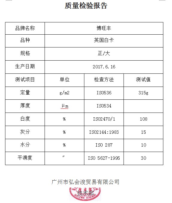 质检报告  英国白卡 315g