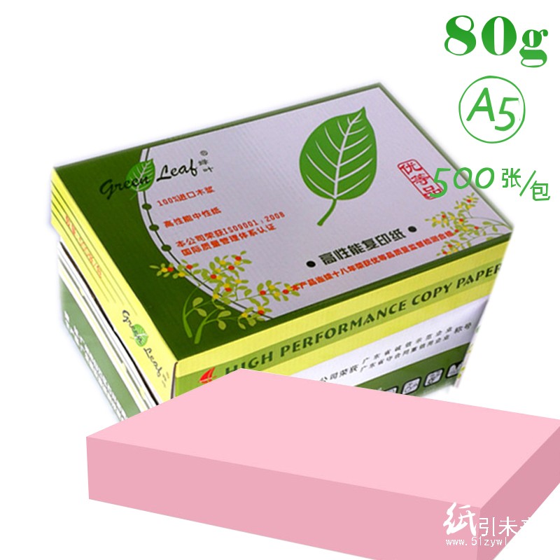 绿叶（GreenLeaf） 彩色复印纸 A5 80g 500p 粉红色 20包箱