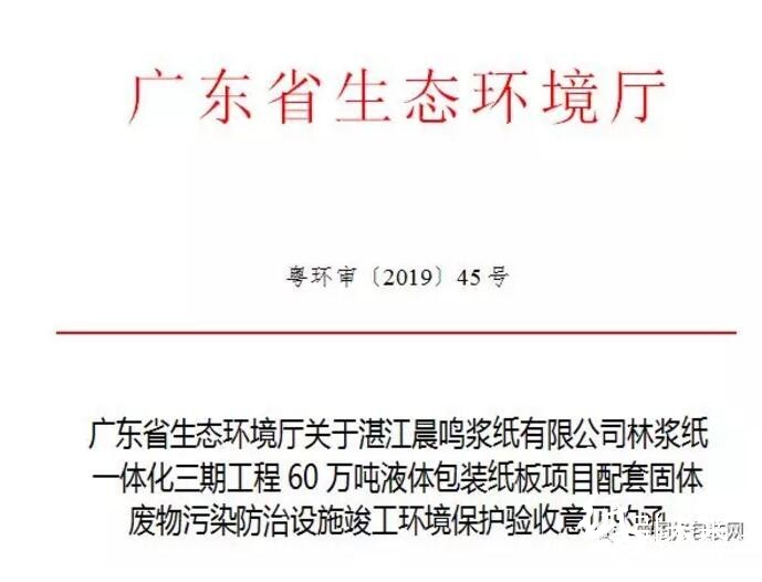 湛江晨鸣60万吨液体包装纸板项目通过环保验收