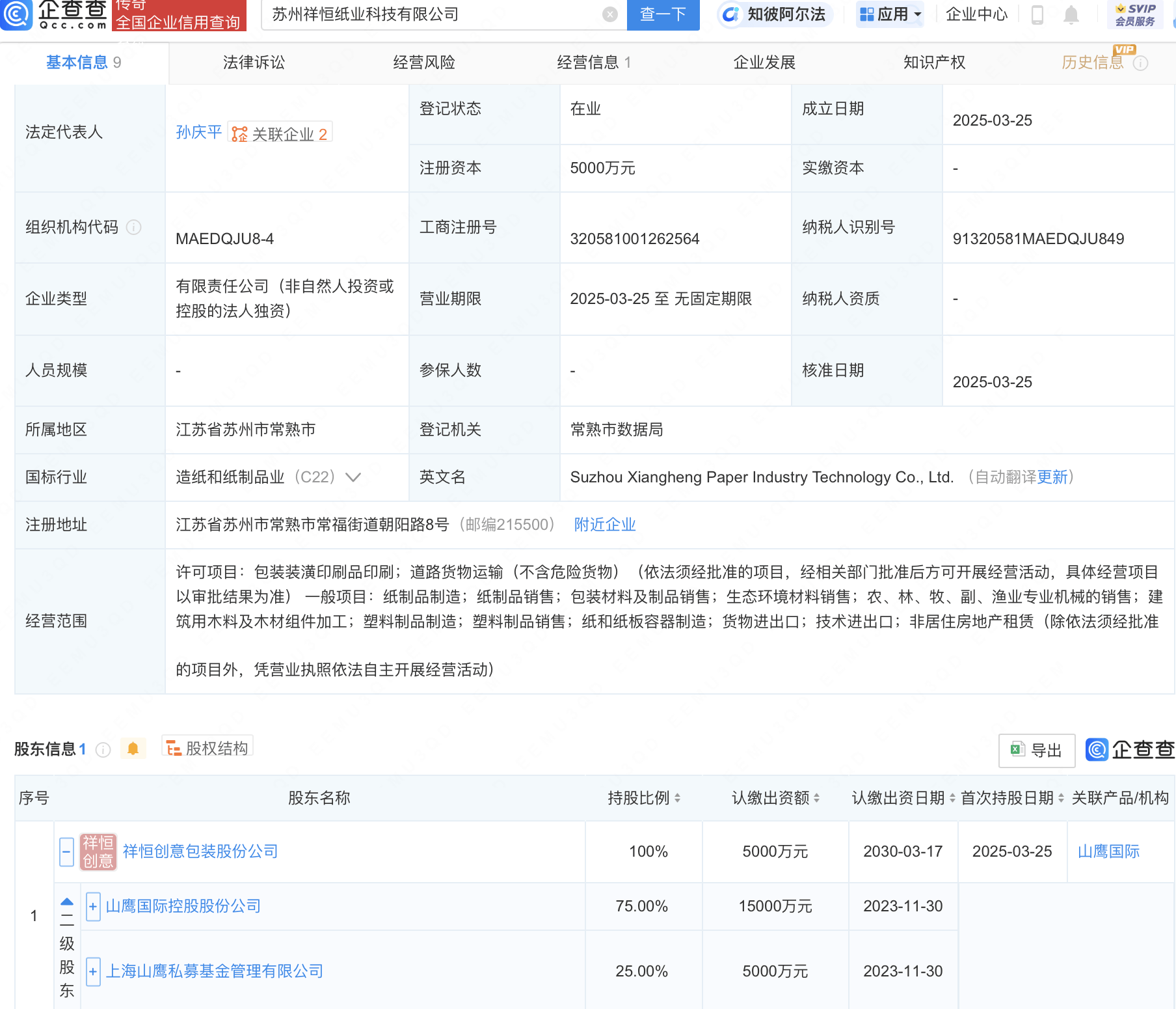 山鹰国际在苏州投资成立纸业科技公司