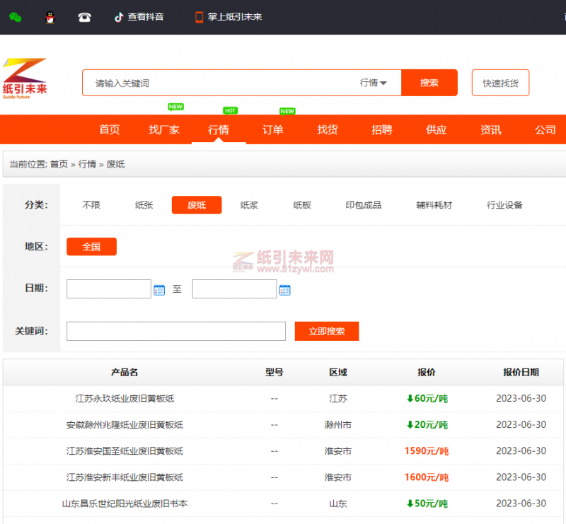 废纸价格 纸引未来网