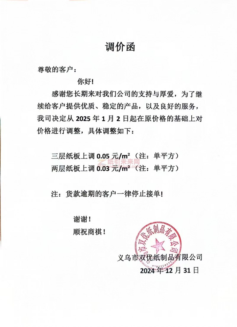 【涨价函通知】 义乌市双优纸制品有限公司纸板价格上调